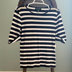 Ralph Lauren Black and White Striped Shirt with Gold Accents